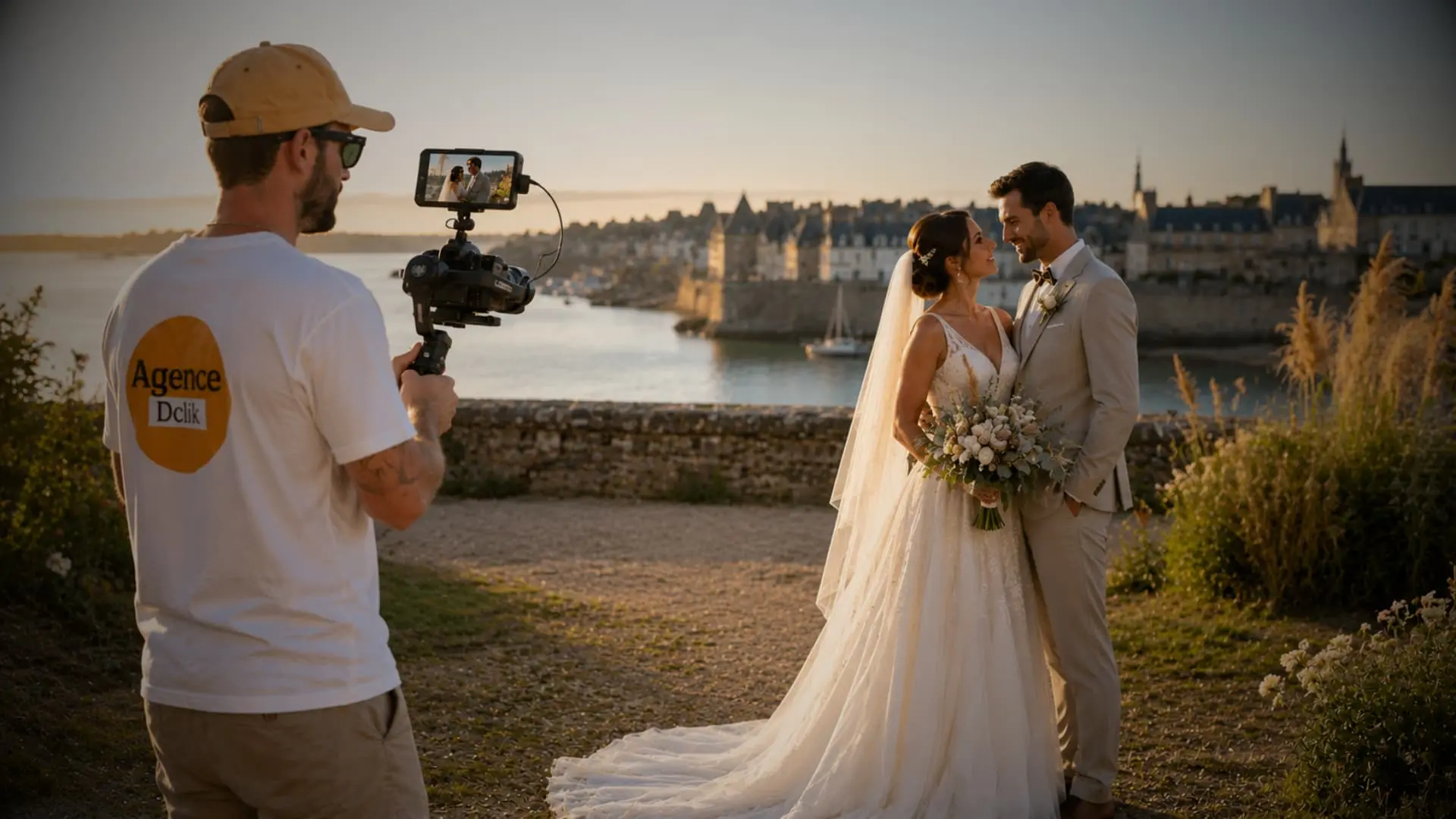 Couple de mariés face à une ville fortifiée au bord de l’eau au coucher du soleil, filmé par un vidéaste de mariage