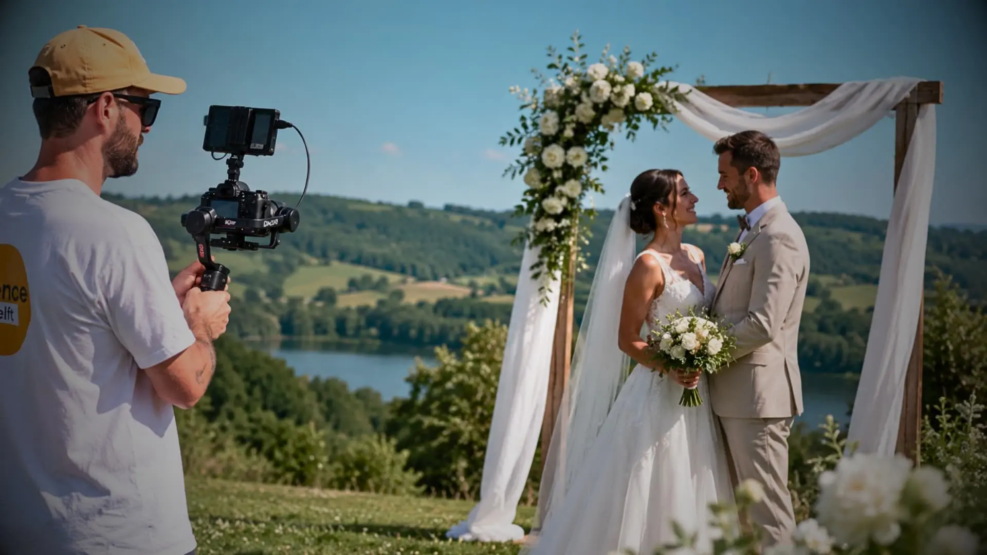 Couple de mariés sous une arche de fleurs blanches, filmé par un vidéaste au stabilisateur, lac et collines en arrière-plan