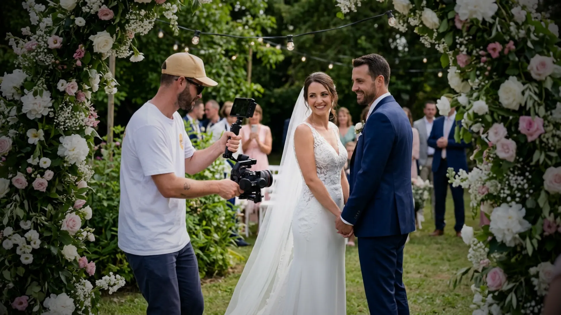 Mariés se tenant les mains lors d’une cérémonie en plein air dans un jardin fleuri, devant leurs invités, filmée par un vidéaste
