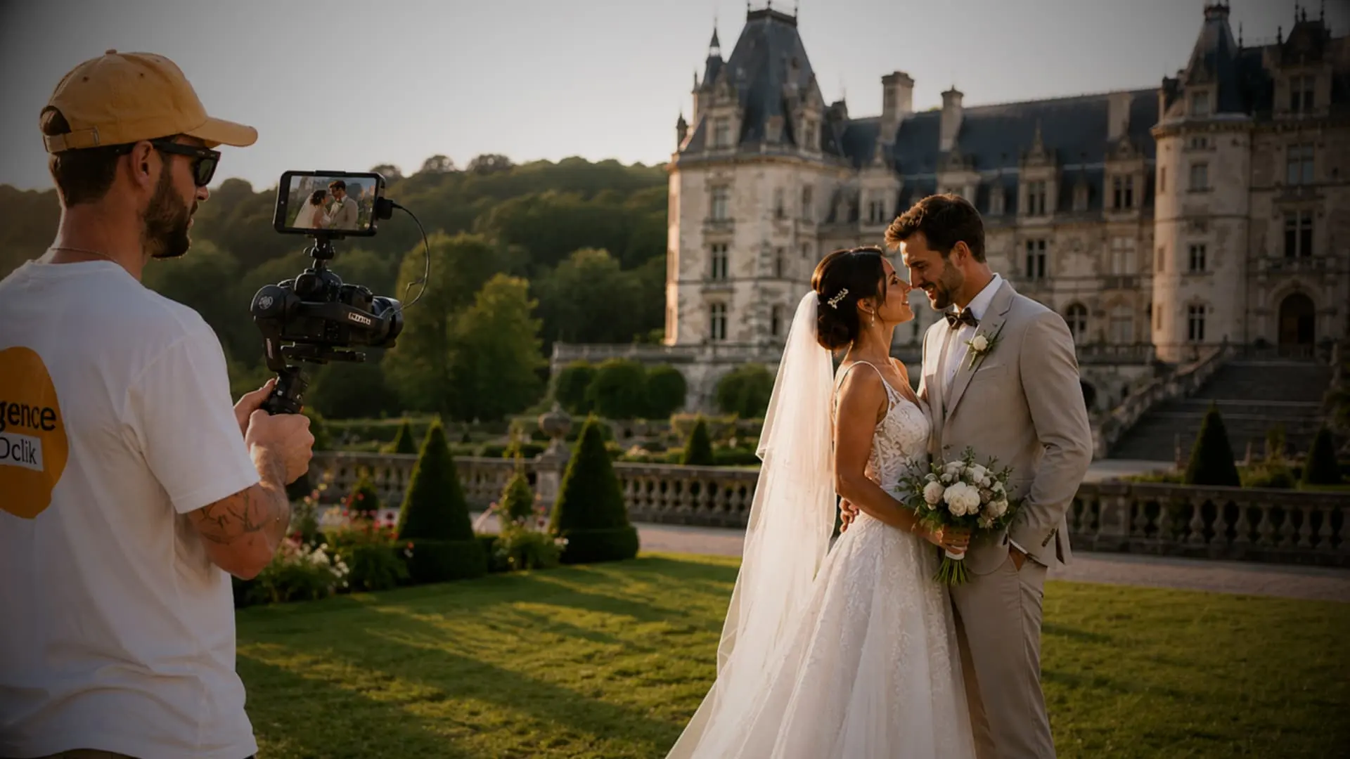 Couple de mariés se tenant face à face devant un château et ses jardins, filmé par un vidéaste de mariage