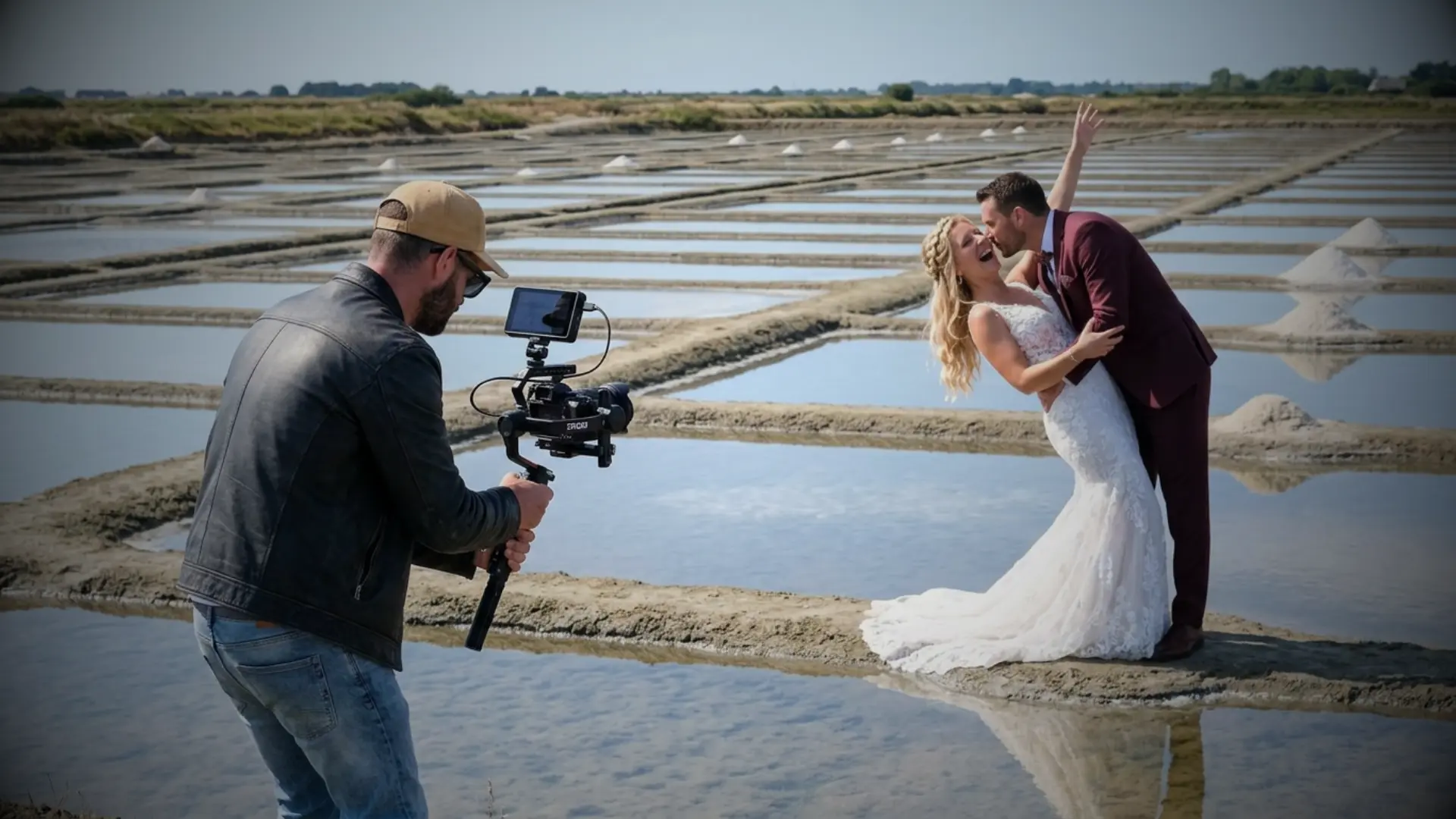 Couple de mariés s’embrassant au milieu des marais salants, filmé par un vidéaste de mariage