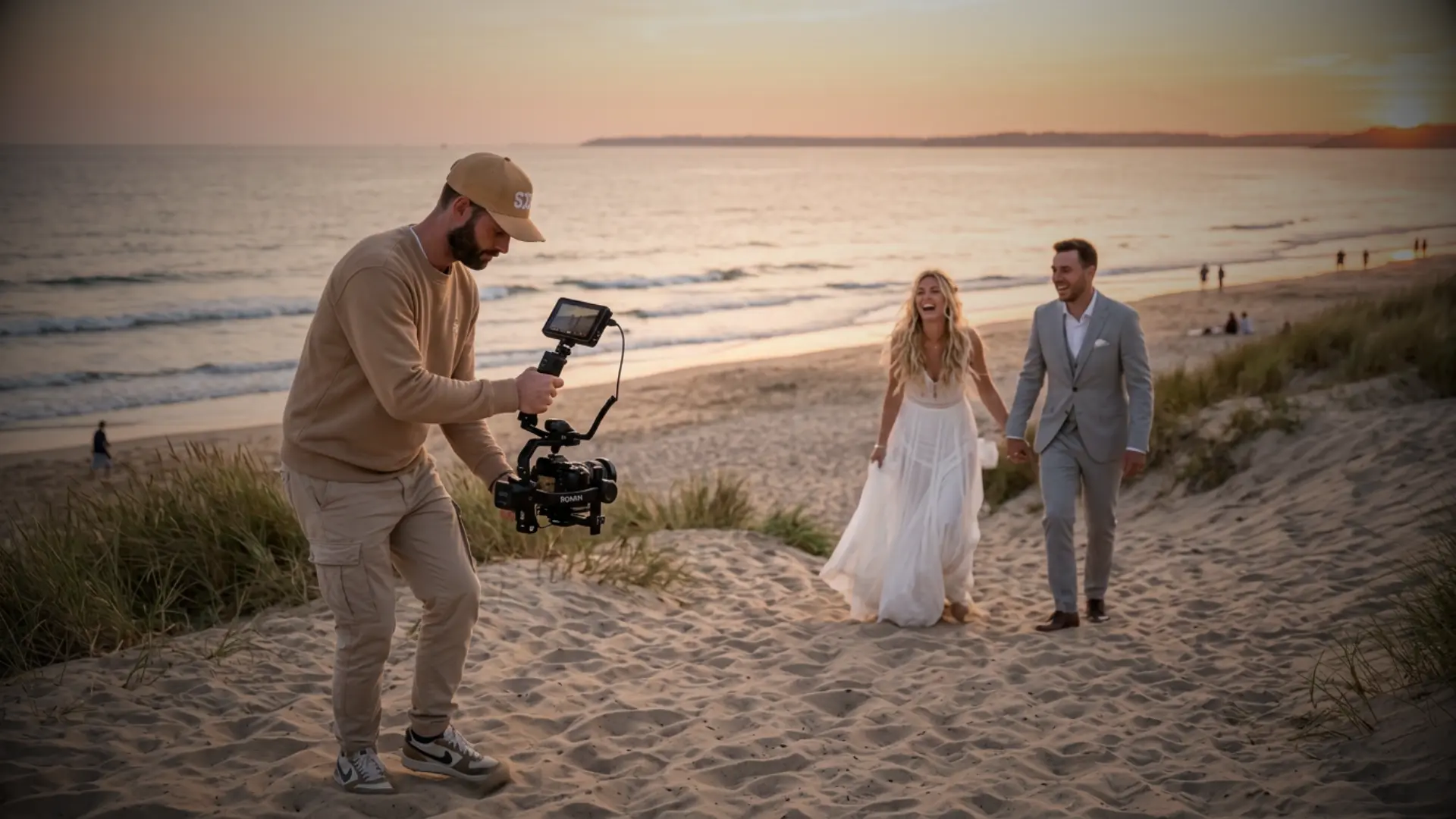 Mariés main dans la main sur une plage bordée de dunes au coucher du soleil, filmés par un vidéaste de mariage