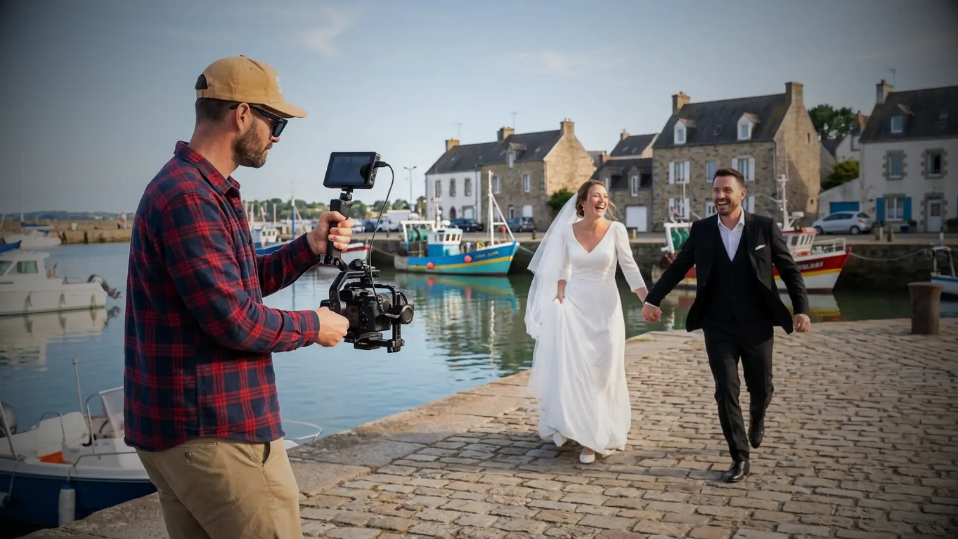 Mariés marchant sur le quai d’un petit port breton, maisons en pierre et bateaux de pêche, filmés par un vidéaste de mariage
